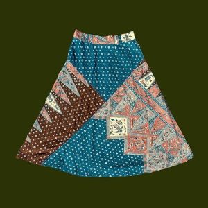 blue brown and pink patchwork midi skirt